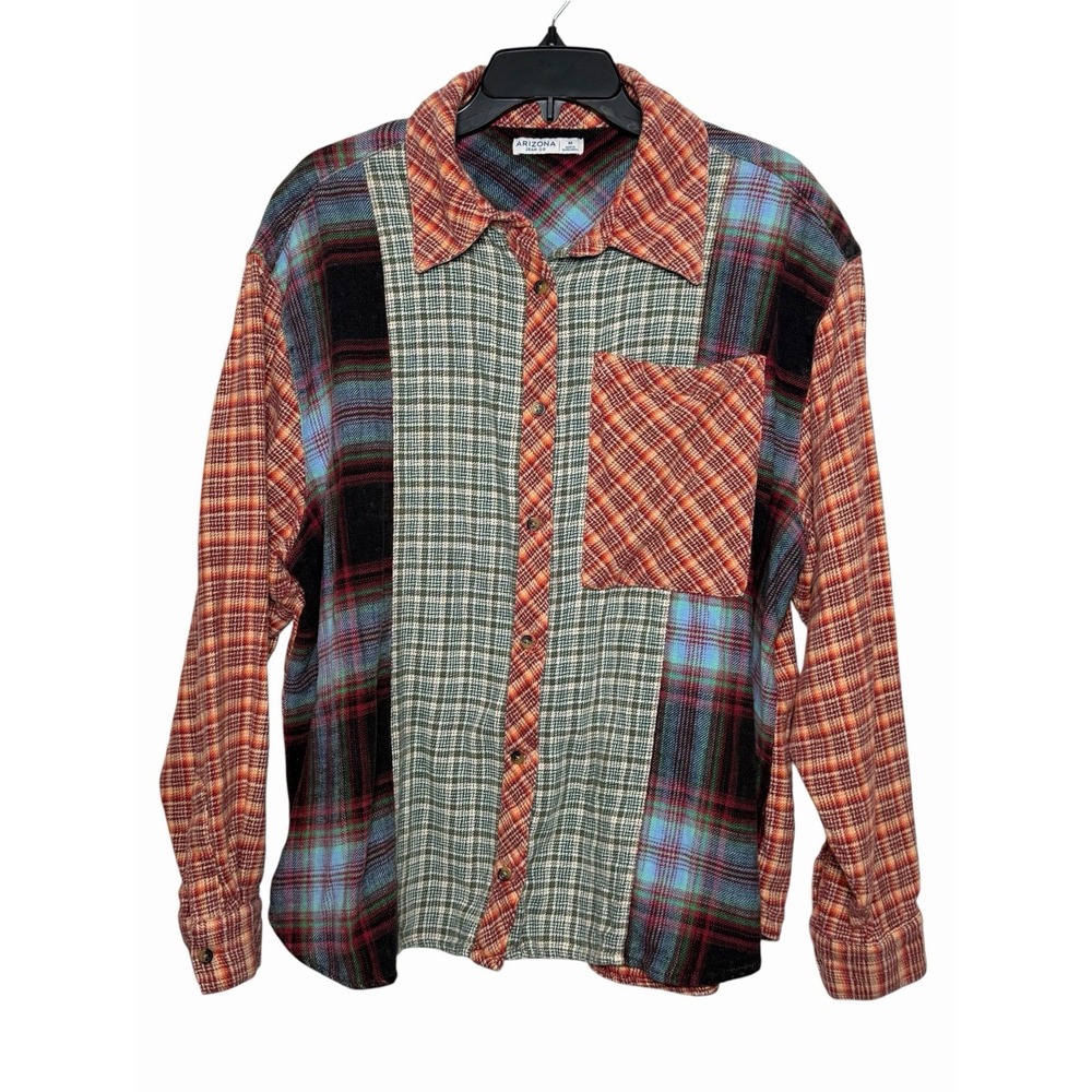 Arizona Jean Co Patchwork Plaid Flannel Shirt Size Medium 100% Cotton Grunge
